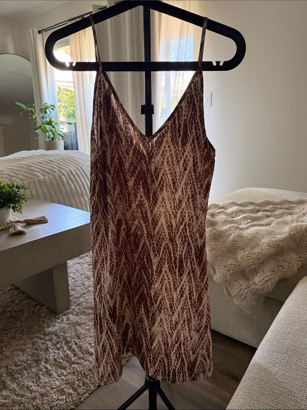 Brown Patterned V-Neck Slip Dress - Women